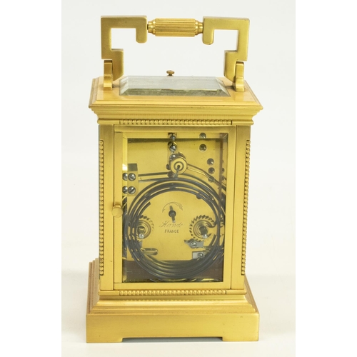 1151 - C19th French brass cased Carriage clock, bevelled glass panels with beaded column detail, white Roma... 