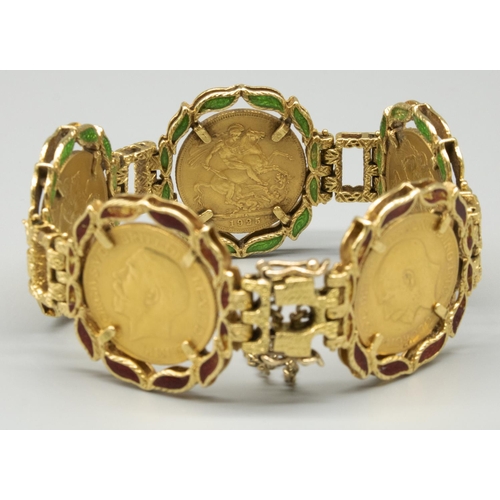 1004 - Yellow metal and enamel bracelet set with five Geo.V 1925 gold sovereigns, gross 85.6g
