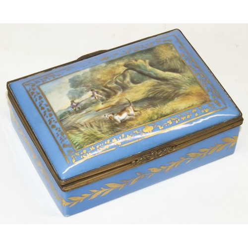 1073 - Continental porcelain rectangular box, metal hinged domed lid painted with two fishermen and a dog o... 