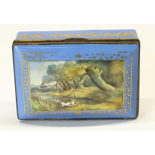 1073 - Continental porcelain rectangular box, metal hinged domed lid painted with two fishermen and a dog o... 