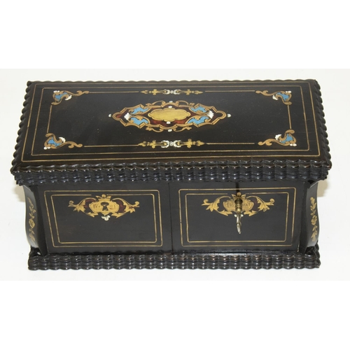 1121 - C19th ripple moulded ebonised rectangular box, with boulle detail, hinged lid and two doors revealin... 