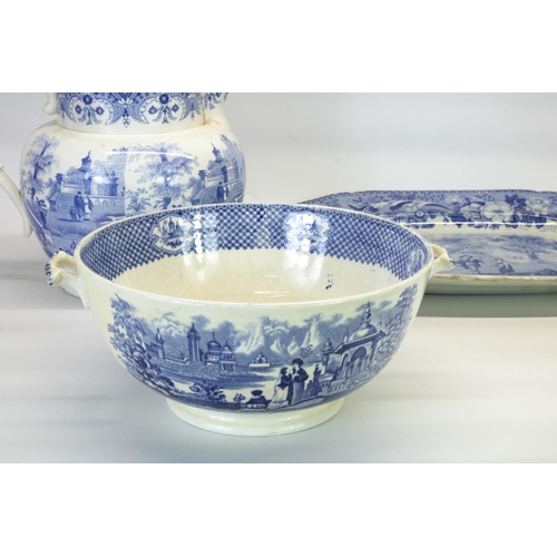 1075 - C19th blue and white transfer Japanese pattern jug, H23cm, a similar Rural Scenes oval dish, W44cm b... 