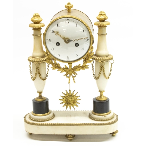 1155 - French Empire white marble and gilt metal mounted drum head portico clock, white enamel Arabic dial ... 