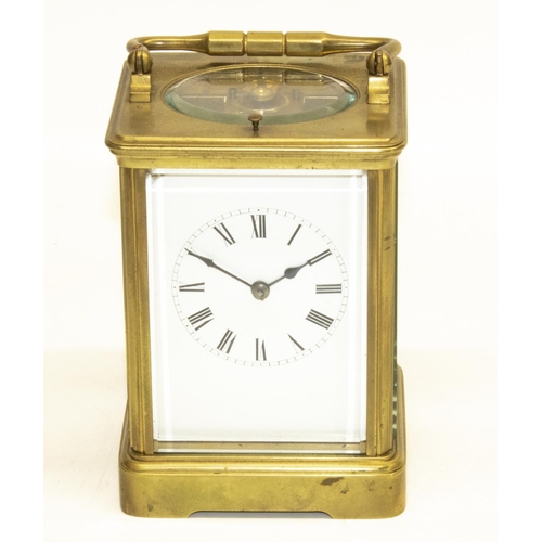 1156 - Early C20th French brass cased carriage clock, Gorge case with bevelled edged panels, twin train mov... 