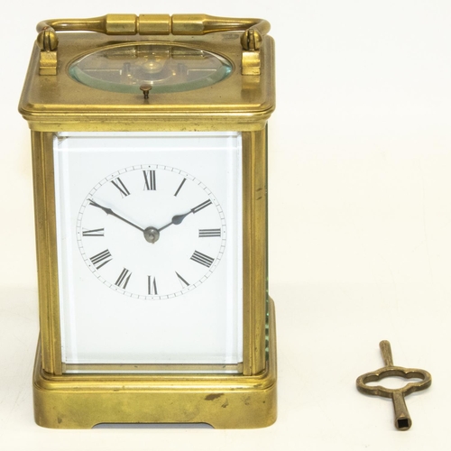 1156 - Early C20th French brass cased carriage clock, Gorge case with bevelled edged panels, twin train mov... 