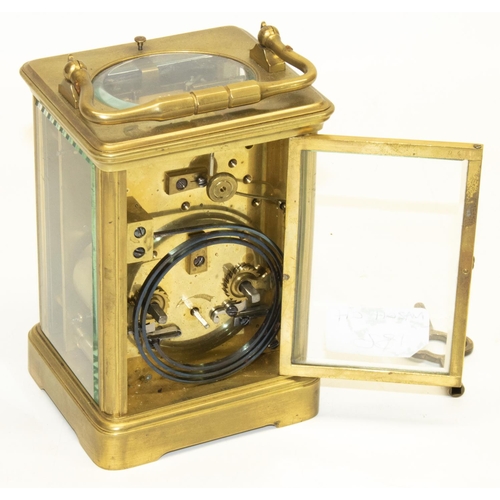 1156 - Early C20th French brass cased carriage clock, Gorge case with bevelled edged panels, twin train mov... 