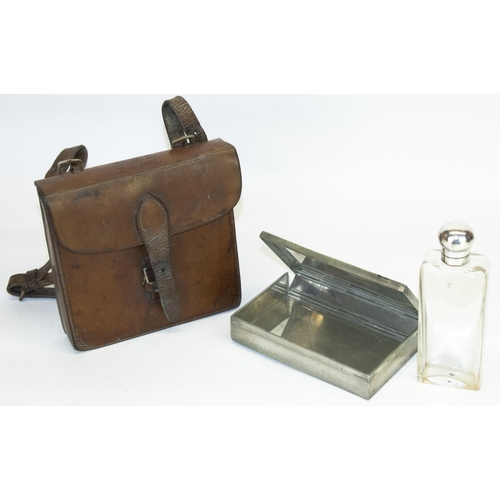 1122 - C20th nickel plated folding sandwich box, and a glass flask with silver plated top, in fitted leathe... 