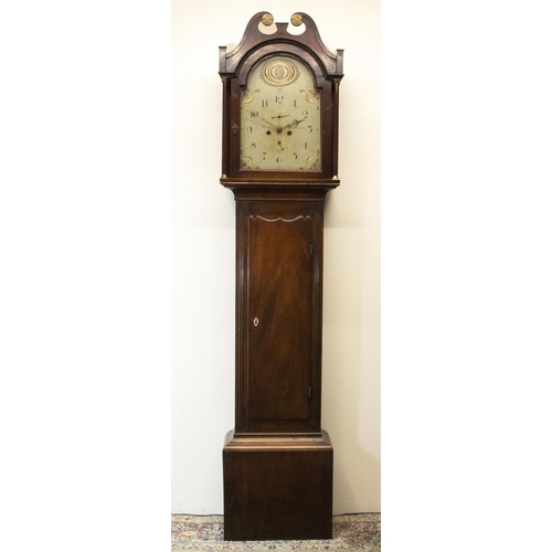 1152 - George III mahogany long case clock, painted 18 1/2in arched Roman dial with Arabic quarters, signed... 