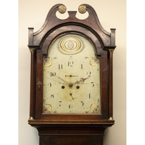 1152 - George III mahogany long case clock, painted 18 1/2in arched Roman dial with Arabic quarters, signed... 