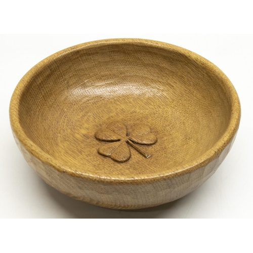 1422 - Adzed oak circular bowl, carved with signature shamrock, D17.5cm