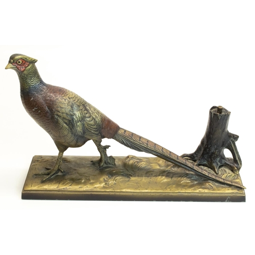 1136 - Austrian cold painted spelter table lighter in the form of a cock pheasant by a tree stump, complete... 