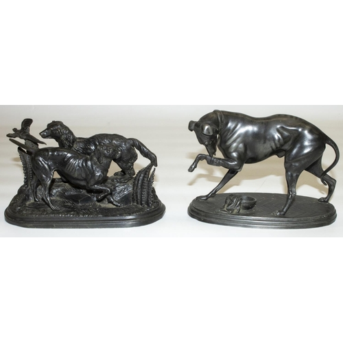 1138 - After P J Mene: a spelter model of two gun dogs and a similar model of a greyhound, both on oval bas... 