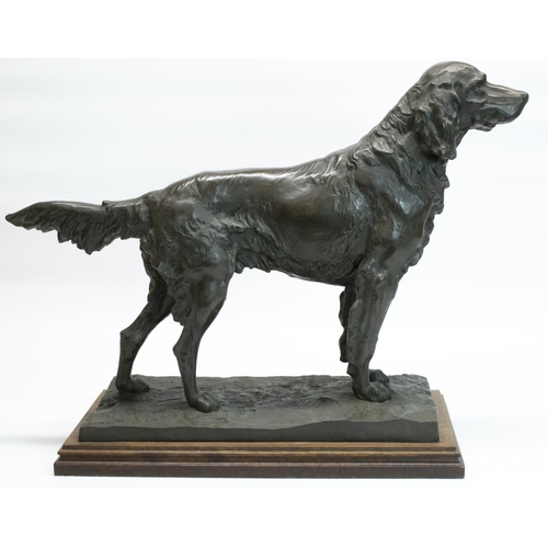 1140 - After P J Mene: patinated resin model of a gun dog, on rectangular naturalistic base and oak plinth,... 