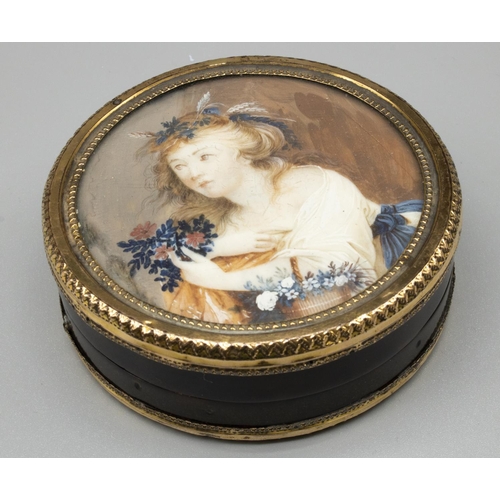 1237 - Early C19th tortoiseshell circular trinket box with gilt metal mount, set with portrait miniature of... 