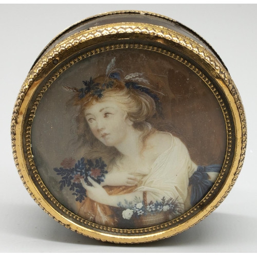 1237 - Early C19th tortoiseshell circular trinket box with gilt metal mount, set with portrait miniature of... 