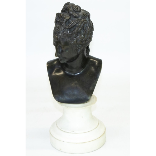 1130 - Late C19th patinated bronze head and shoulder bust of Marie Antoinette, on polished white marble soc... 