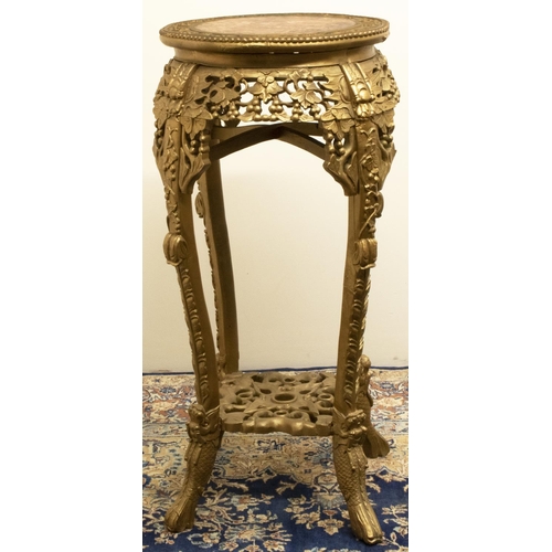 1358 - Early C20th Chinese jardiniere pedestal, circular top with inset varigated marble panel, leaf and fr... 