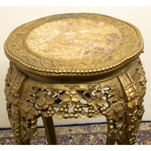 1358 - Early C20th Chinese jardiniere pedestal, circular top with inset varigated marble panel, leaf and fr... 