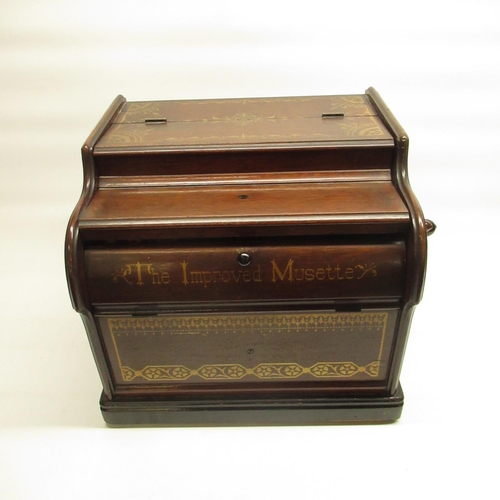 1117 - The Improved Musette musical box, No.17759, mahogany case with hinged top, fall front and gilt trans... 