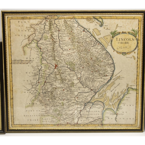 1248 - Robert Morden C17th map of Lincolnshire, later hand coloured, 38cm x 43cm, and The Road from Notting... 