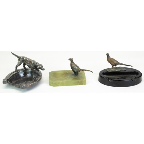 1139 - C20th onyx rectangular ashtray set with a cold painted model of a pheasant, another similar and a Na... 