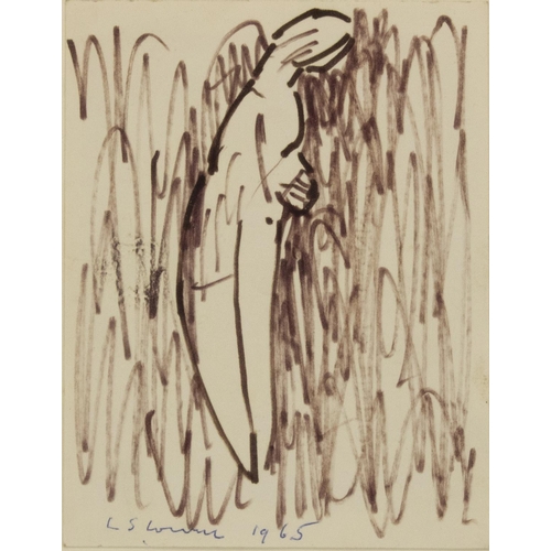1250 - Laurence Stephen Lowry (British 1887-1976); Figure study, felt tip pen on verso of paper invitation ... 