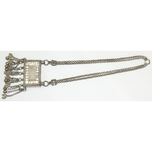 1227 - Omani white metal hirtz Koran box necklace, geometric decoration, with moon and bead ornaments on ch... 