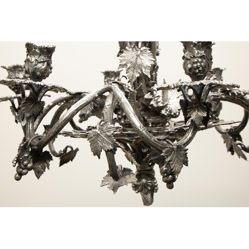 1064 - Elkington style Electroplated chandelier, six branches cast with branchwork of vines and trailing le... 