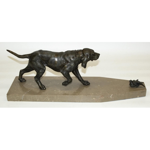 1142 - C20th patinated spelter model of a Hound with a grounded game bird, on later polished marble base, L... 