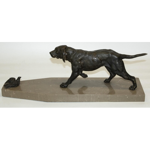 1142 - C20th patinated spelter model of a Hound with a grounded game bird, on later polished marble base, L... 