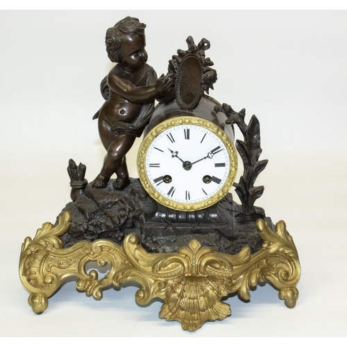 1165 - C20th French patinated and gilt spelter Figural mantel clock set with artist cherub, circular white ... 