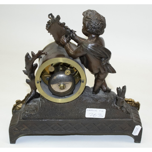 1165 - C20th French patinated and gilt spelter Figural mantel clock set with artist cherub, circular white ... 