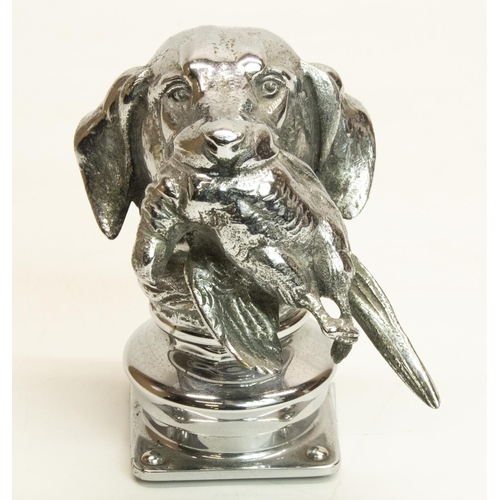 1143 - C20th Louis Lejeune style chromed metal car mascot, modelled as a head and neck retriever with game ... 