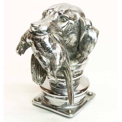 1143 - C20th Louis Lejeune style chromed metal car mascot, modelled as a head and neck retriever with game ... 