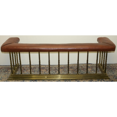 1235 - C20th club fender, upholstered top on brass twist column supports and stepped base, W154cm D50cm H50... 