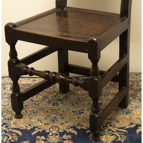 1371 - C17th oak back stool, lozenge carved panel back with pierced cresting and turned finials, solid seat... 