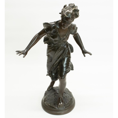 1120 - After Luca Madrassi (1848-1919); Bronze model  of a girl playing Blind-Man's-Buff, with a ribbon ove... 