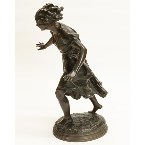 1120 - After Luca Madrassi (1848-1919); Bronze model  of a girl playing Blind-Man's-Buff, with a ribbon ove... 