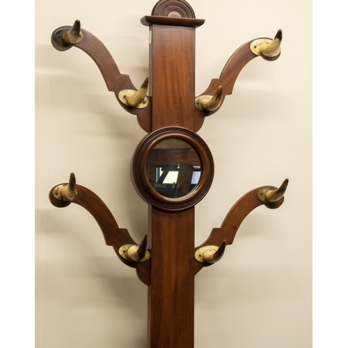 1366 - Victorian mahogany Country House style hall stand, four scrolling branches with cow horn hooks and c... 