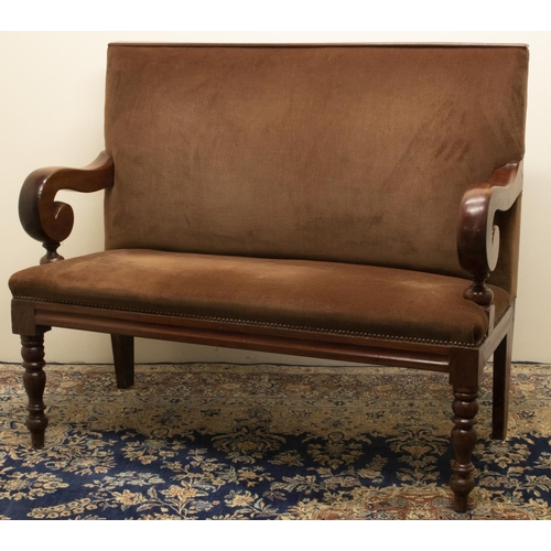 1368 - Late Victorian games room type bench seat, upholstered back and seat with scrolled arms on turned su... 