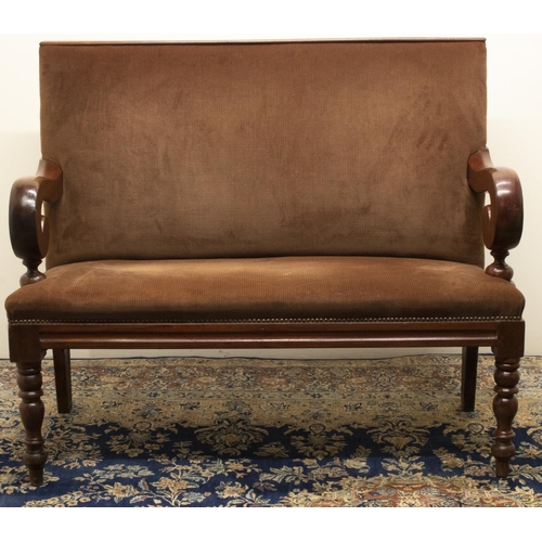 1368 - Late Victorian games room type bench seat, upholstered back and seat with scrolled arms on turned su... 