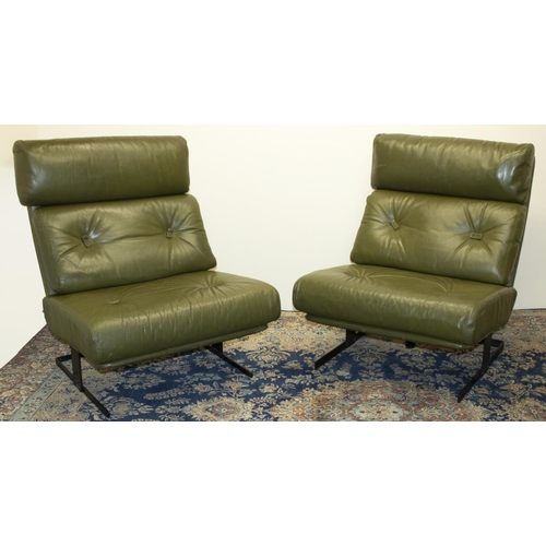 1372 - Two 1960s /70s Tetrad Nucleus style chairs, green leather upholstered loose cushions on shaped metal... 