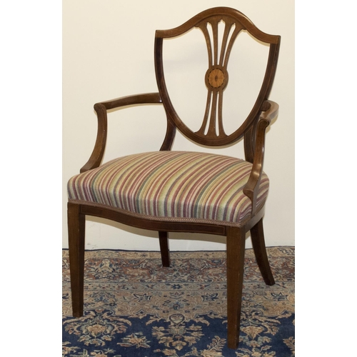 1364 - Edwardian Sheraton Revival inlaid mahogany armchair, shield back with serpentine cresting rail and f... 