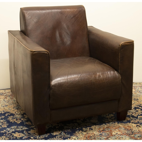 1374 - Art Deco style dark brown leather club type arm chair, with angular back and arms, W81cm D80cm H84cm