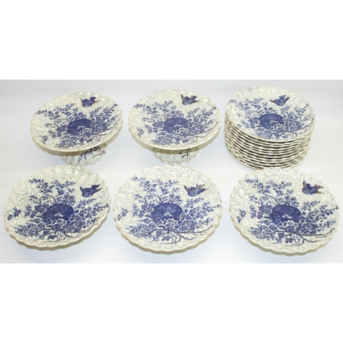 1089 - Victorian dessert service, blue and white transfer decorated circular fluted plates with birds nest ... 