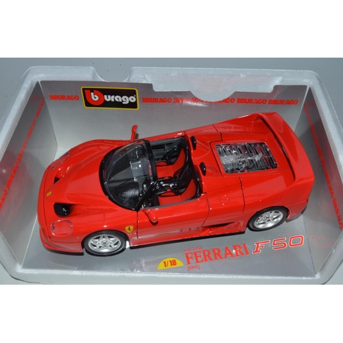 31 - Five 1/18 diecast Ferrari models, 4 Burago and 1 UT Models. Includes F355 Berlinetta (UT), F40 (1987... 