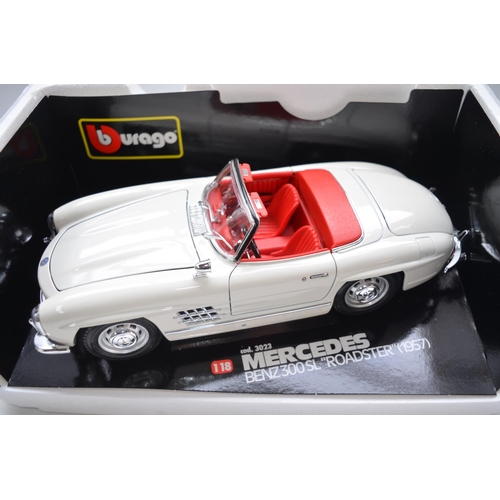39 - Six 1/18 scale diecast Mercedes car models from Burago to incl. 2 300SL (1964, one white, one black)... 