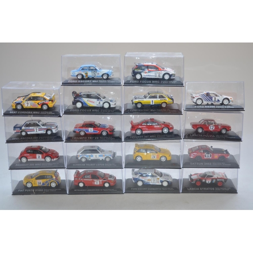 55 - Extensive collection of Rally Car magazines with cased stackable diecast model rally cars from DeAgo... 