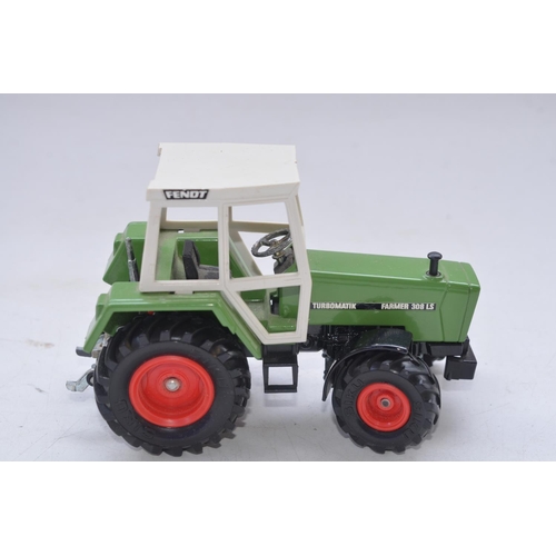 64 - Three 1/32 tractor models by Siku to include John Deere 5820, Fendt Farmer 308LS, Massey Ferguson MF... 