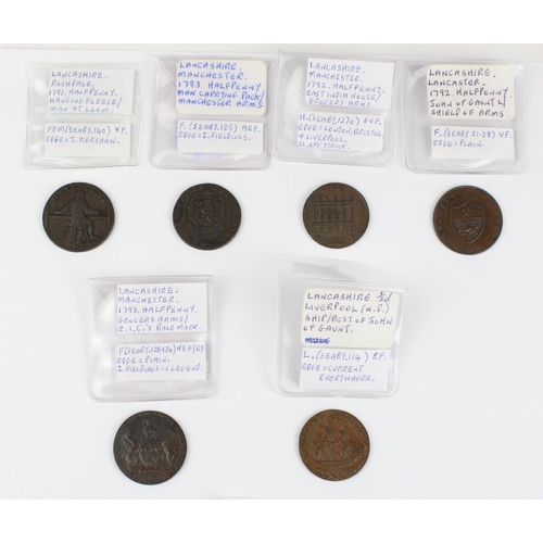 922 - C18th English Lancashire provincial conder token coins inc. Liverpool halfpenny Ship/John of Gaunt, ... 